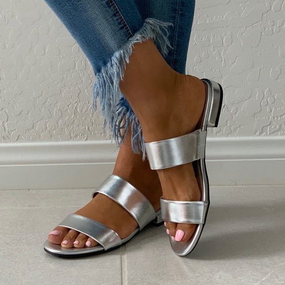 NIB Metallic Silver Double Band Kitten Heel Mule - Picture 8 of 8